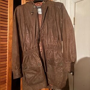 Vintage B.B. Dakota Brown Leather Jacket Hooded Cinch Waist Small 90s Y2K